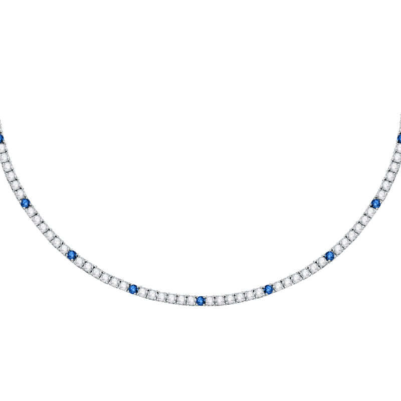 Колие Morellato Tesori. Дамско колие изработено от сребро 925 с родиево покритие и инкрустирани бели и сини Циркони. Дължина 38 см + 4 см.