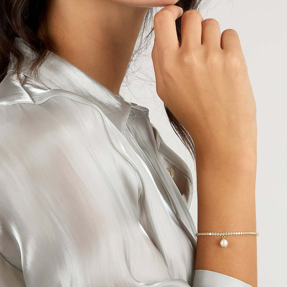 Дамска тенис гривна от сребро със златно покритие. Morellato Perla SXU59. Инкрустирани циркони и перла.