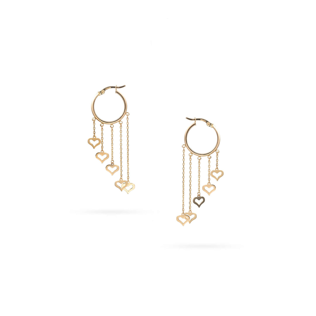 Елегантни златни обеци халки от 14K злато с нежни висящи сърца.