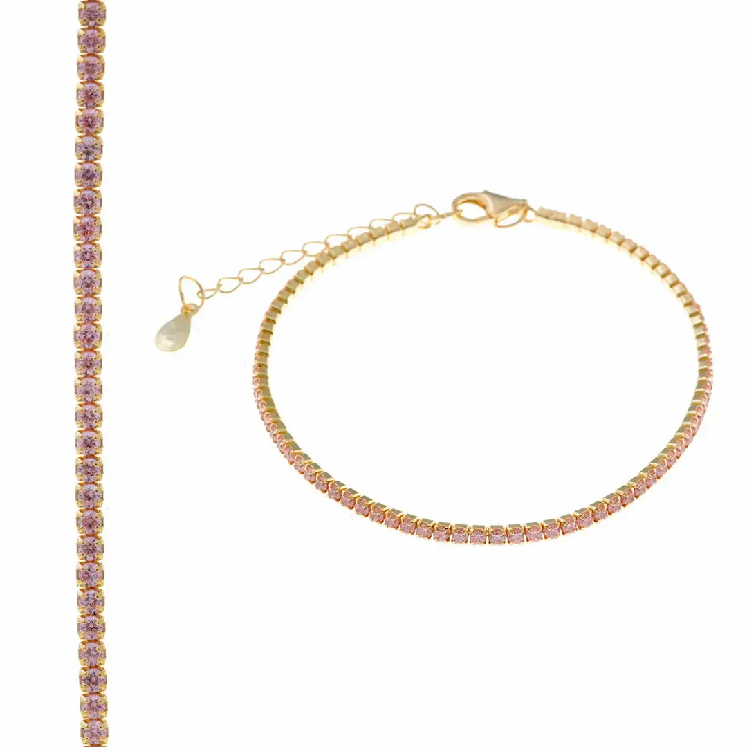 Позлатена сребърна гривна с розови циркони тип ривиера – изглед отпред