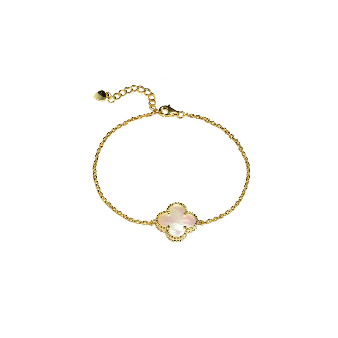 Сребърна гривна с детелина, златно покритие и бял седеф, 16 см