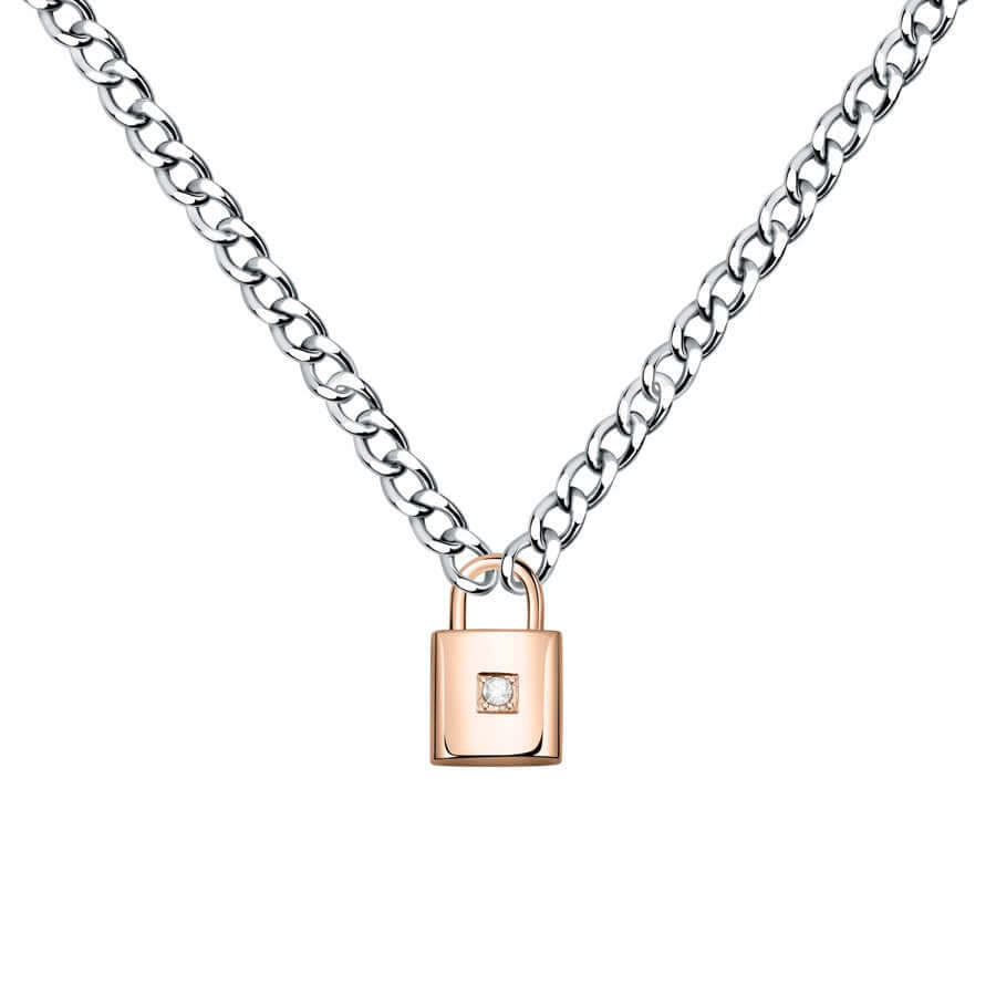 Колие Morellato Abbraccio. Дамско колие изработено от стомана и елемент с розово златно PVD покритие и кристал Сваровски. Дължина на синджира 40 см + 5 см.