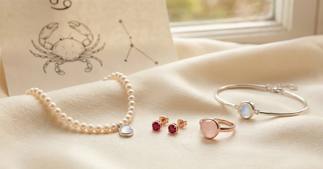 Комплект бижута за зодия Рак с гривна от перли и лунен камък, обеци с червен камък, пръстен с розов кварц и сребърна гривна на светъл фон.