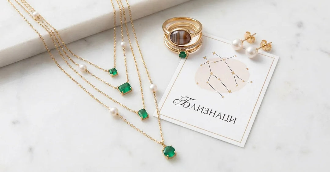 Плоска продуктова снимка на бижута: няколко златни колиета с зелени камъни и перли, пръстени и перлени обеци, подредени до картичка със съзвездието и надпис „Близнаци“.