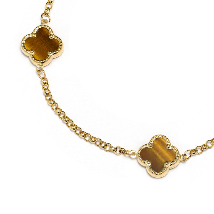 Gold bracelet with 3 clovers and Tiger's eye stone - Senso Gold Stones