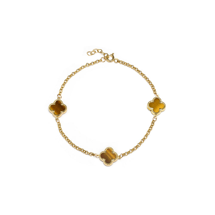 Gold bracelet with 3 clovers and Tiger's eye stone - Senso Gold Stones