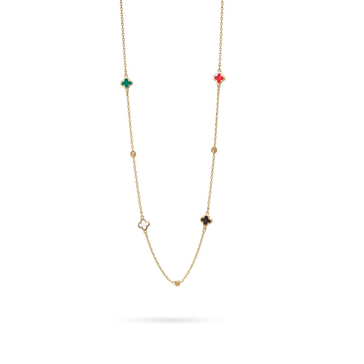 Golden necklace with clovers and light green malachite, onyx and carnelian| Senso Gold Shine