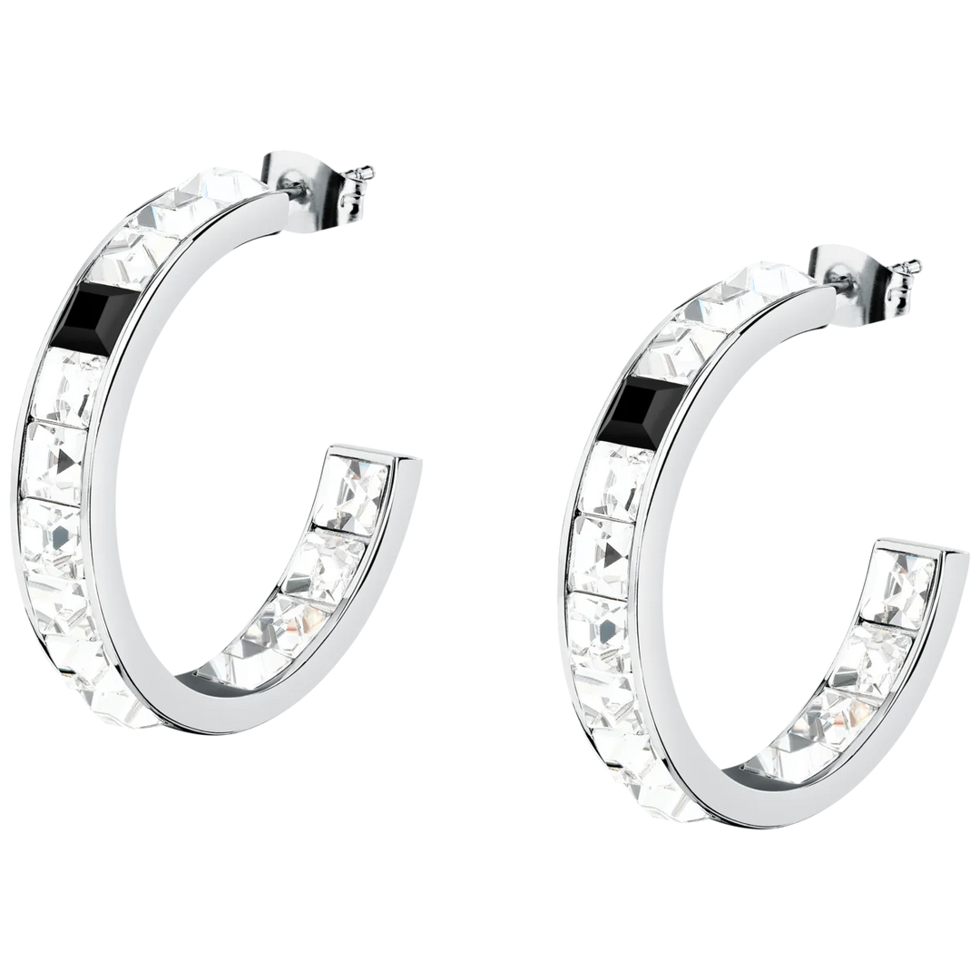 Дамски обеци Crystals, сребристи халки с бели и черни кристали