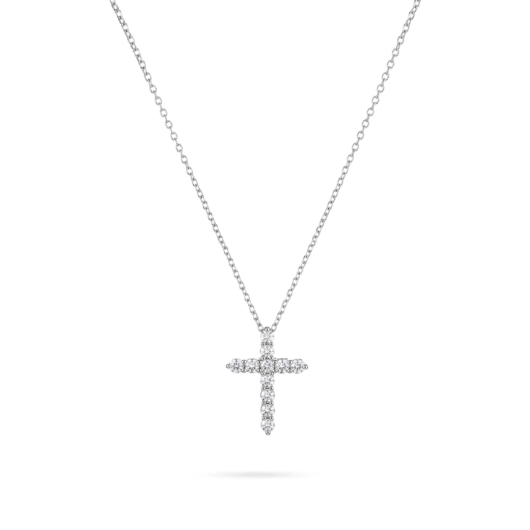 Women's Silver Cross Necklace with Round White Zirconia by Senso Silver