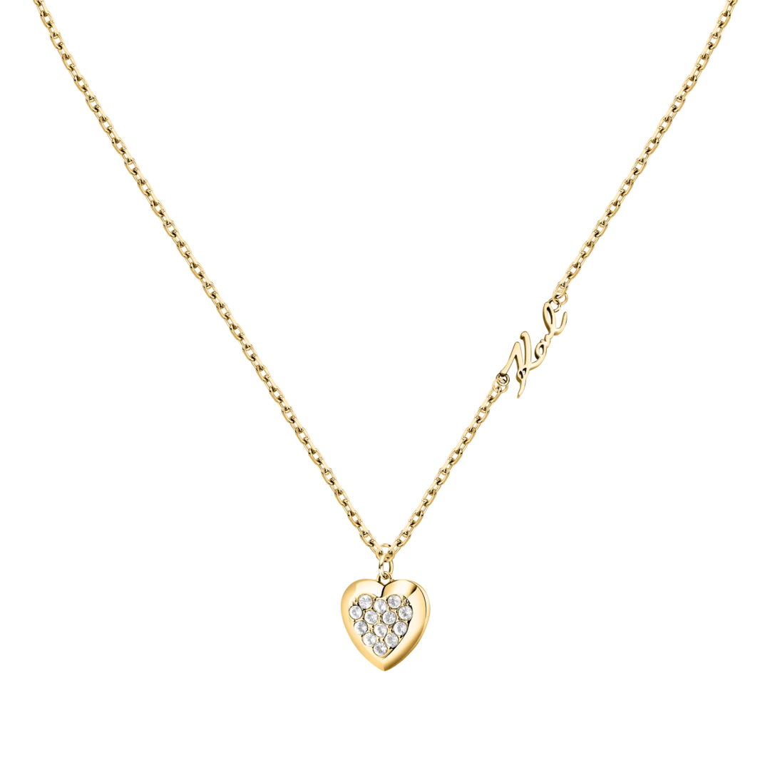 Златисто дамско колие Karl Lagerfeld Charms, фина стоманена верижка и висулка сърце с бели кристали – модел KLAYD03, детайлен изглед