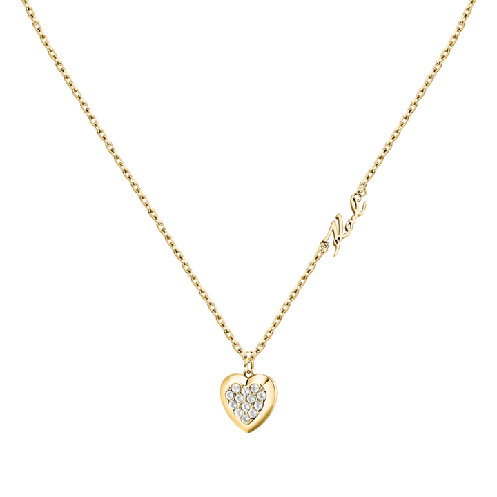 Златисто дамско колие Karl Lagerfeld Charms, фина стоманена верижка и висулка сърце с бели кристали – модел KLAYD03, детайлен изглед