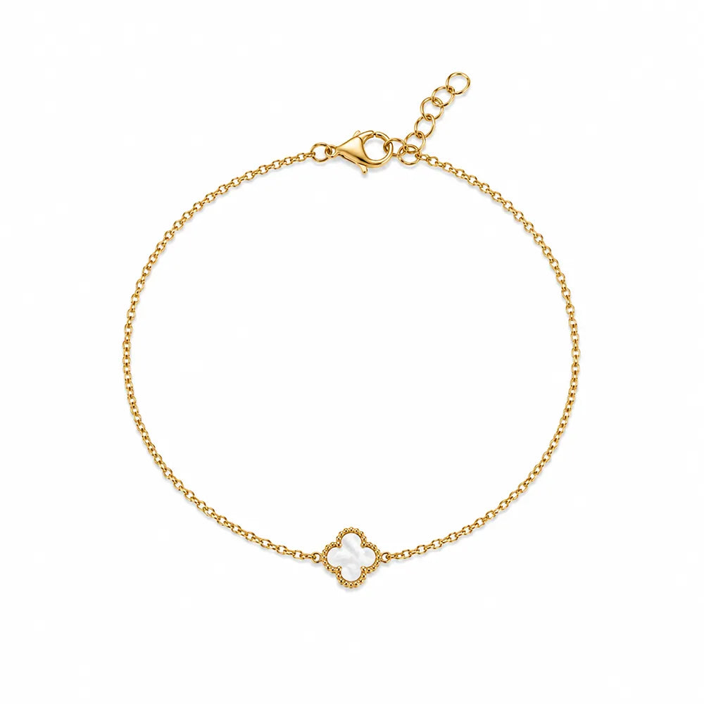 Дамска гривна с една детелина от жълто злато 14K Senso Gold с бял седеф на бял фон