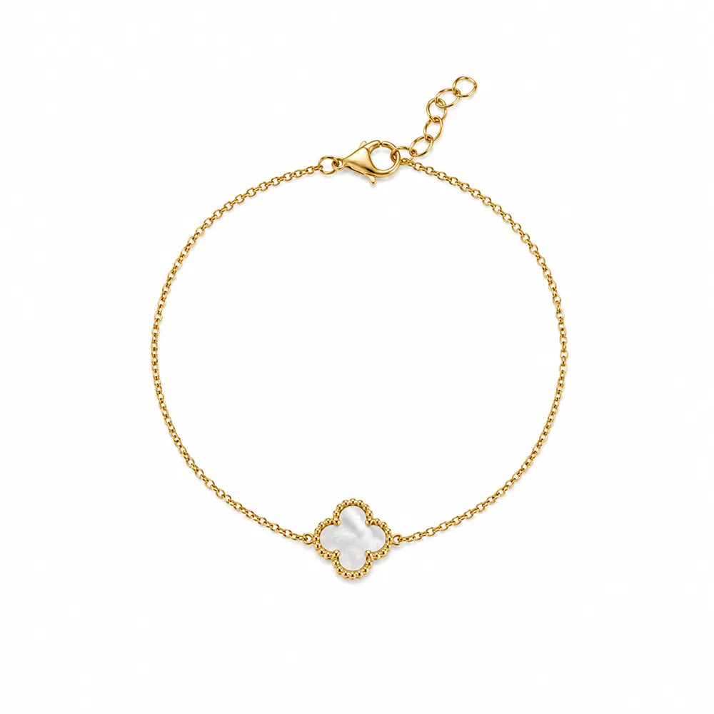 Дамска гривна с една детелина от жълто злато 14K Senso Gold с бял седеф на бял фон