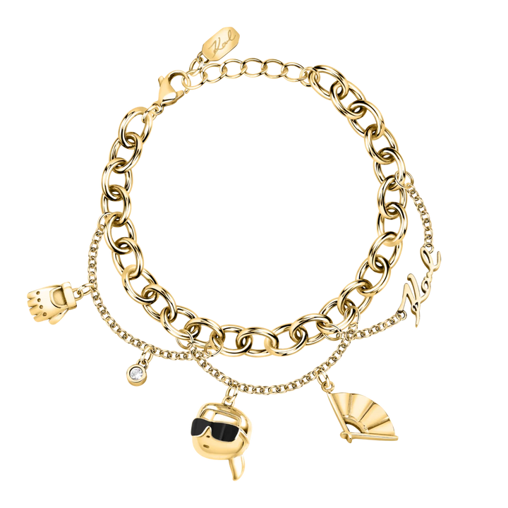 Дамска златиста гривна Karl Lagerfeld Charms от неръждаема стомана с двоен синджир и висулки Karl – модел KLAYD11, изглед отгоре
