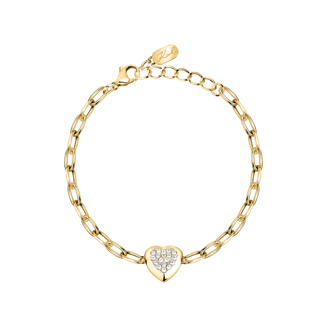 Дамска гривна Karl Lagerfeld Charms от златиста неръждаема стомана със сърце и бели кристали – модел KLAYD14, фронтален изглед