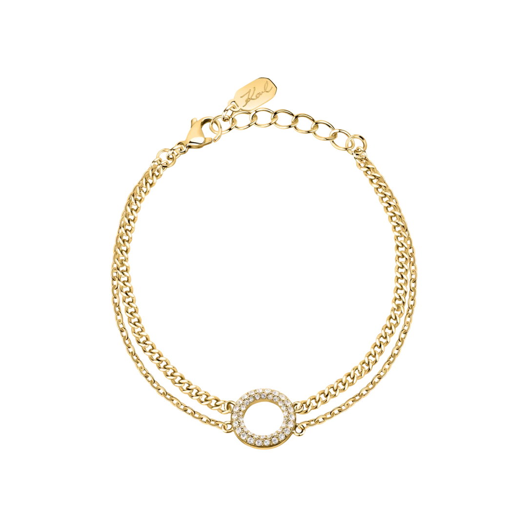 Дамска гривна Karl Lagerfeld Crystals с двоен златист синджир и кръгъл елемент с бели кристали – модел KLAYC56
