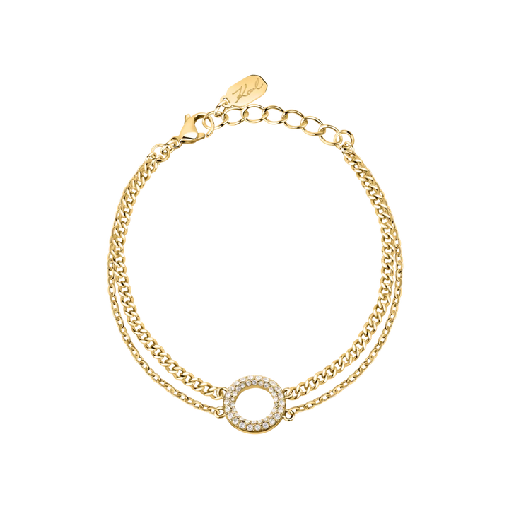 Дамска гривна Karl Lagerfeld Crystals с двоен златист синджир и кръгъл елемент с бели кристали – модел KLAYC56