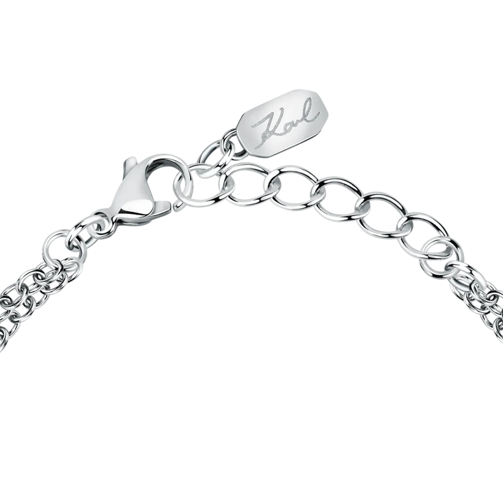 Дамска гривна Karl Lagerfeld Crystals, регулируема сребриста верижка 16–19 см с карабинка и плочка с логото Karl – модел KLAYC33