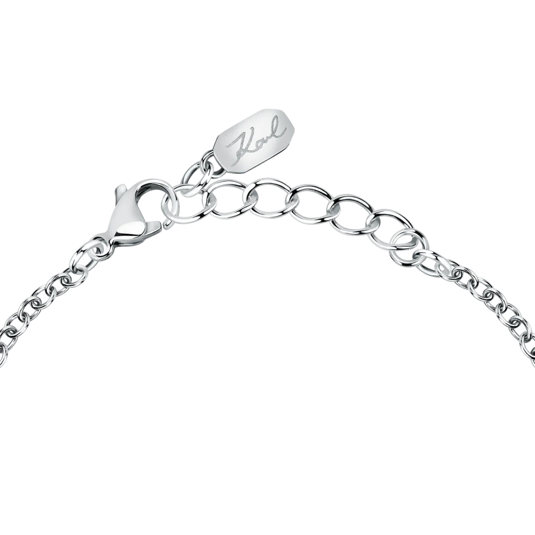 Дамска гривна Karl Lagerfeld Crystals, регулируема сребриста верижка 16–19 см с карабинка и плочка с логото Karl – модел KLAYC21