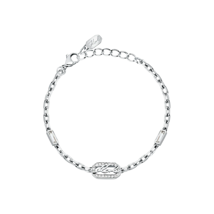 Дамска гривна Karl Lagerfeld Crystals от сребриста стомана с бели кристали и лого – модел KLAYC34
