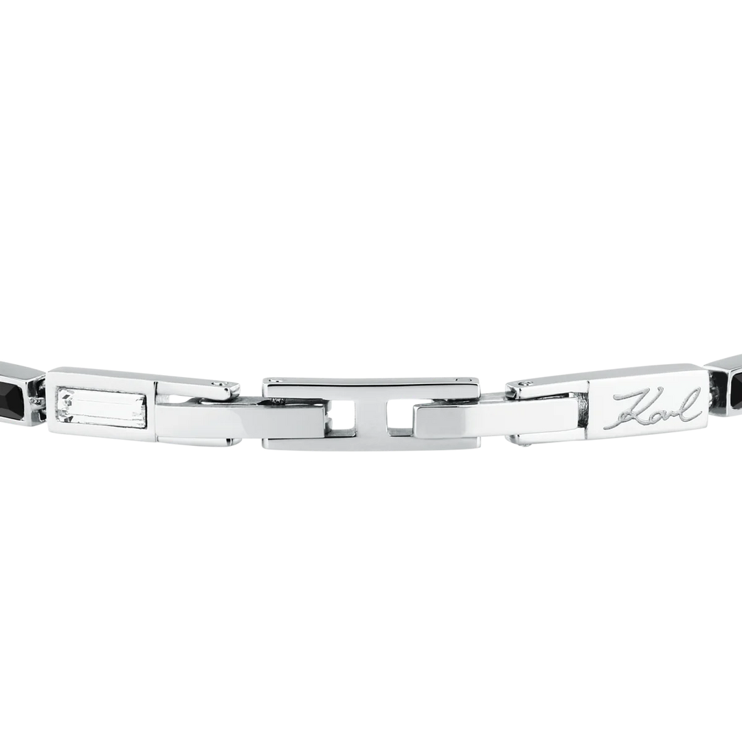 Дамска гривна Karl Lagerfeld Crystals, стоманени звена със черни кристали и звено с подпис Karl – модел KLAYC18