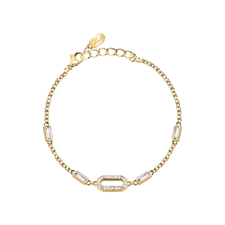 Дамска гривна Karl Lagerfeld Crystals със златиста стоманена верижка и овален елемент с бели кристали – модел KLAYC20