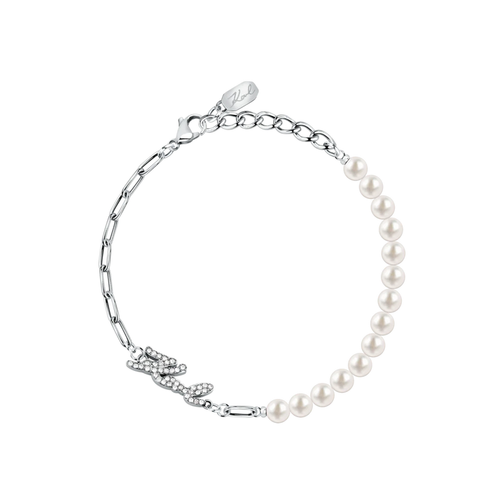 Дамска гривна Karl Lagerfeld Pearl, асиметричен дизайн със сребриста стоманена верижка и бели перли – модел KLAYR08, изглед в близък план