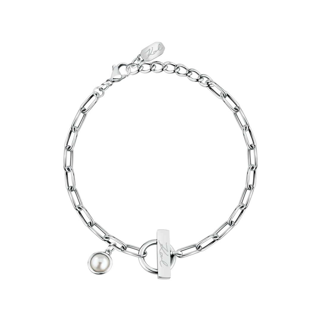 Дамска гривна Karl Lagerfeld Pearl от неръждаема стомана с висяща бяла shell перла – модел KLAYR06, изглед отпред