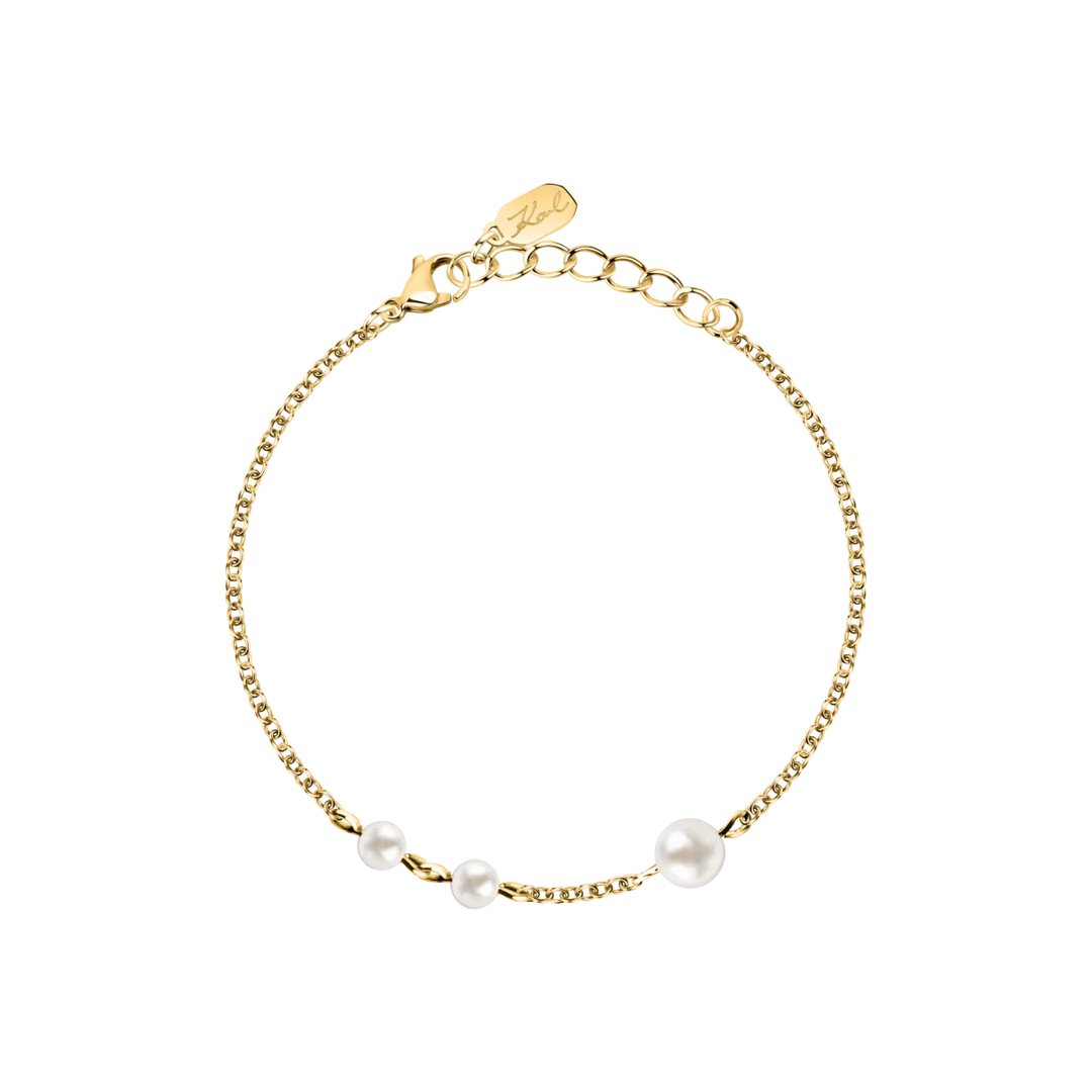 Дамска гривна Karl Lagerfeld Pearl със златиста стоманена верижка и бели перли – модел KLAYR20, изглед отпред