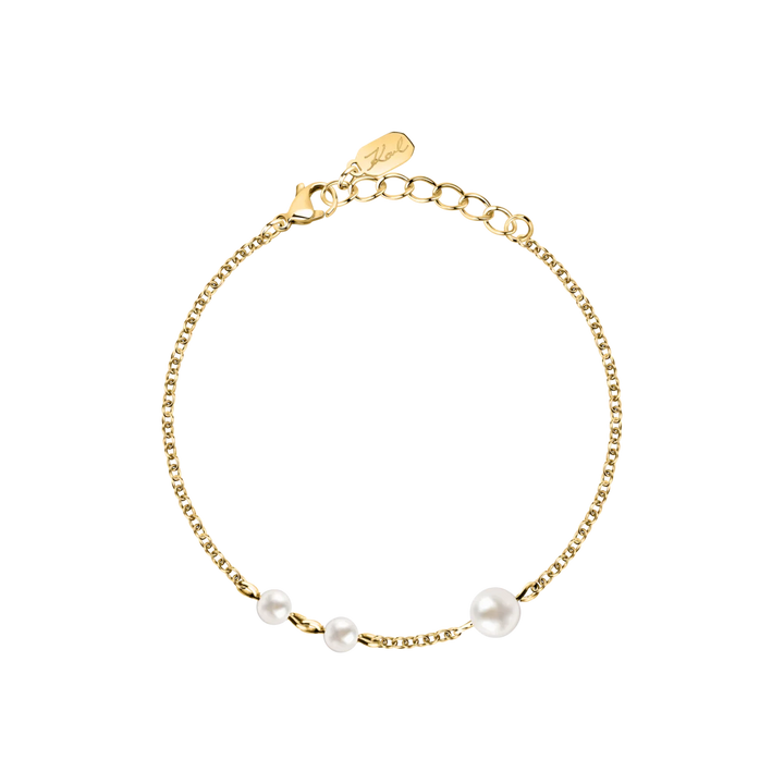 Дамска гривна Karl Lagerfeld Pearl със златиста стоманена верижка и бели перли – модел KLAYR20, изглед отпред