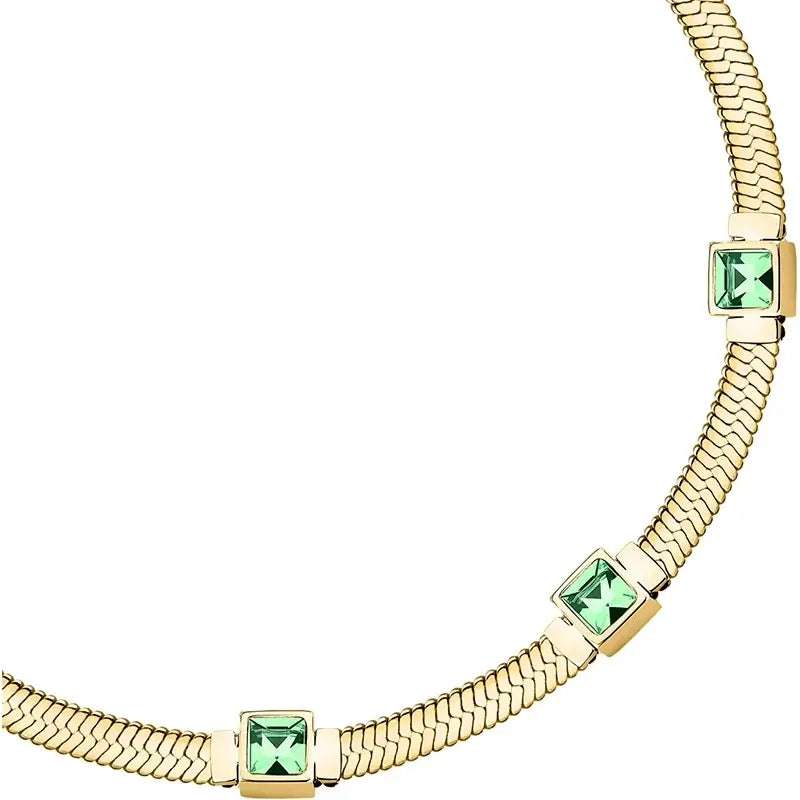 Дамска гривна от медицинска стомана със златно PVD, три зелени циркона 3×3 мм, студиен кадър, Morellato SAVY31.