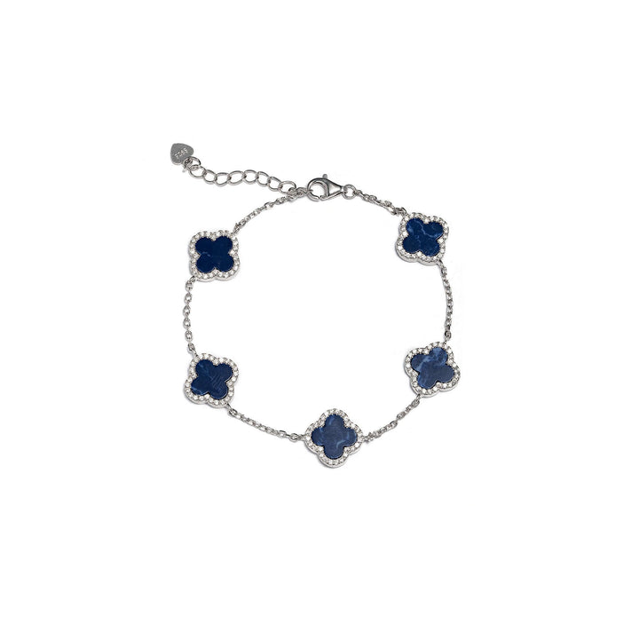 Сребърна гривна с детелини от син Ахат и фини циркони.