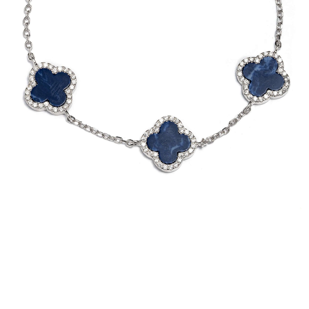 Сребърна гривна с детелини от син Ахат и циркони.