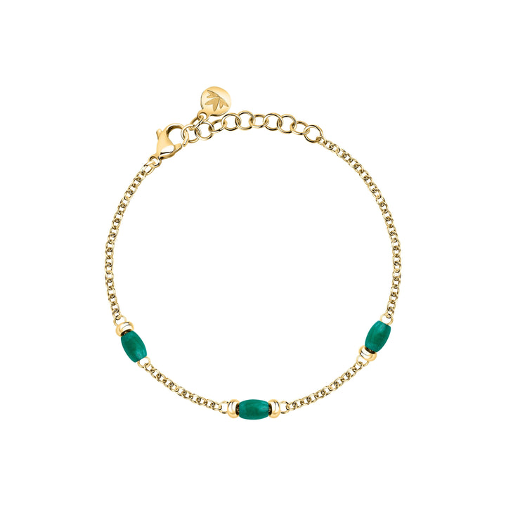 Стилна дамска гривна от стомана със златно PVD покритие, декорирана със зелени цилиндрични елементи. SAXQ14