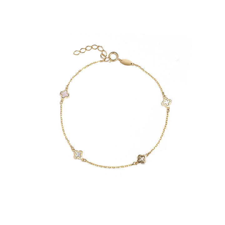 Нежна дамска гривна изработена от злато 14к с четири детелинки от седеф.