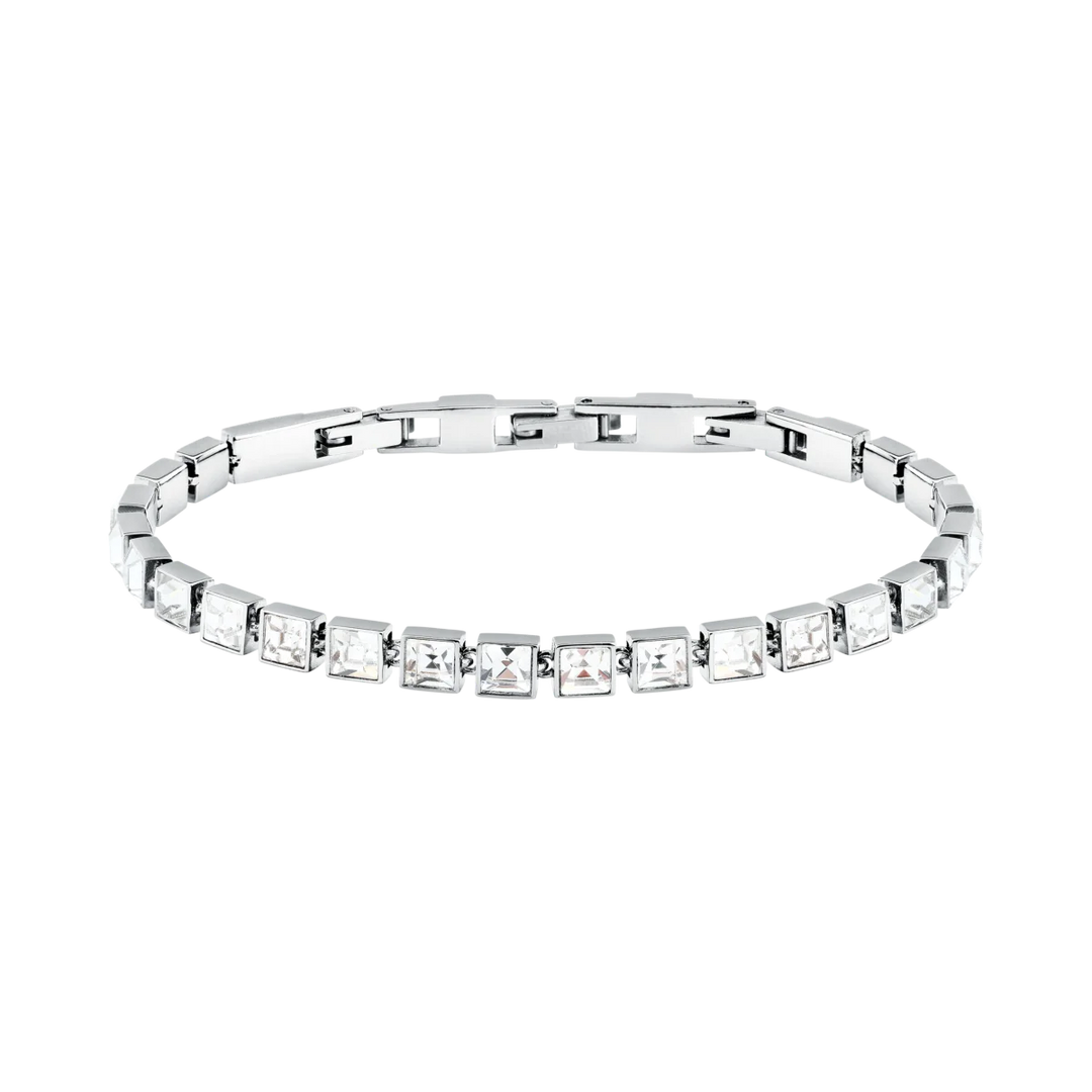 Дамска тенис гривна Karl Lagerfeld Crystals, сребриста стомана с ред от бели квадратни кристали – модел KLAYC24, изглед отпред