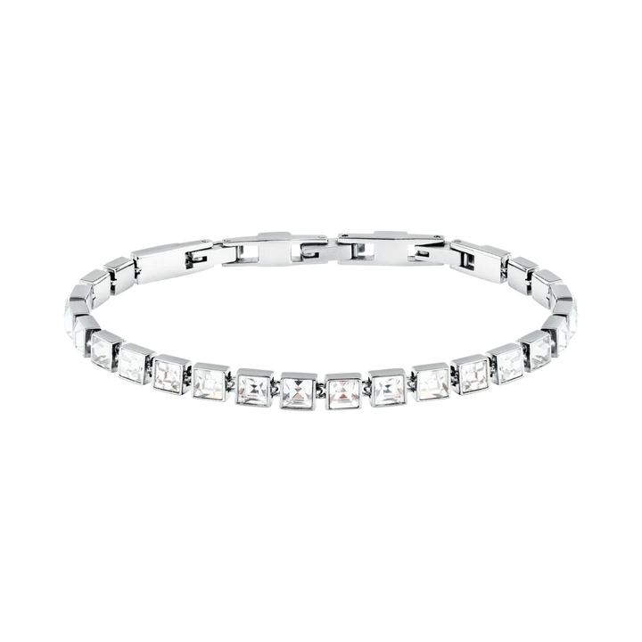 Дамска тенис гривна Karl Lagerfeld Crystals, сребриста стомана с ред от бели квадратни кристали – модел KLAYC24, изглед отпред