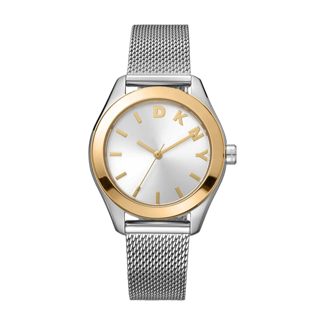 Дамски часовник DKNY Astoria Logo, двуцветна стомана – сребрист циферблат и златист безел, мрежеста верижка, часовник DKNY модел DK1L032M0045