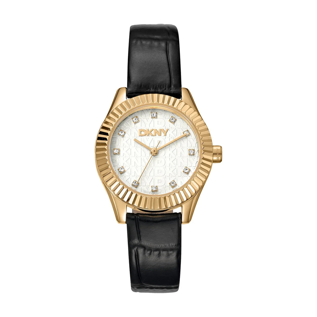 Дамски часовник DKNY Chambers Glitz, златист корпус, сребрист циферблат и черна кожена каишка – часовник DKNY модел DK1L017L0025