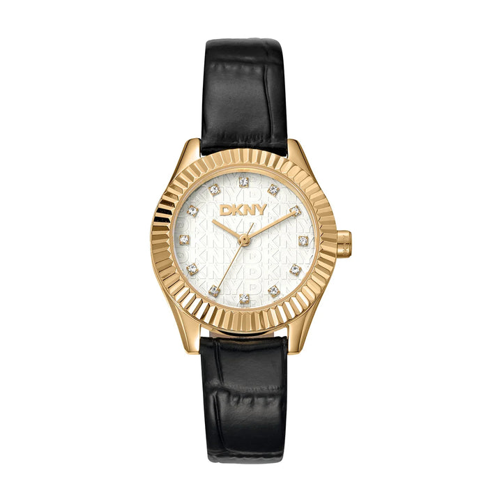 Дамски часовник DKNY Chambers Glitz, златист корпус, сребрист циферблат и черна кожена каишка – часовник DKNY модел DK1L017L0025