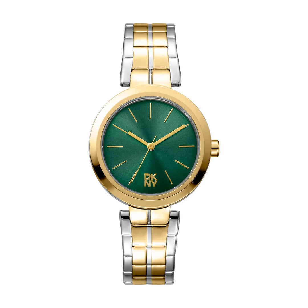 Дамски часовник DKNY Downtown Midi – двуцветна стомана и тъмнозелен циферблат, 32 мм; часовник DKNY модел DK1L045M0075
