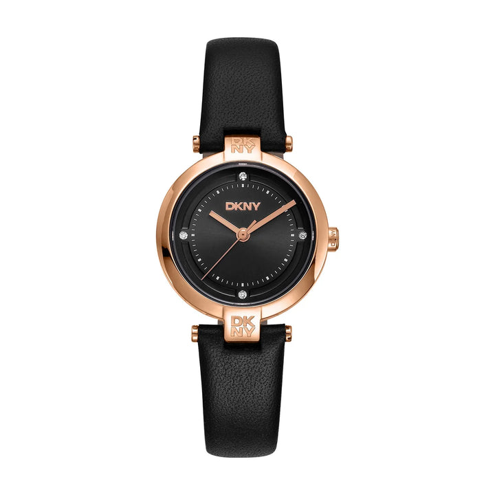 Дамски часовник DKNY Essential Mini – розово злато и черна кожена каишка, черен циферблат, модел DK1L043L0035