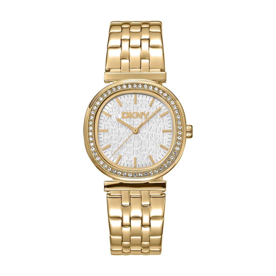 Дамски часовник DKNY Evening Monogram Glitz – златиста стомана, кристален безел и сребрист монограм циферблат, 30 мм, модел DK1L083M0065