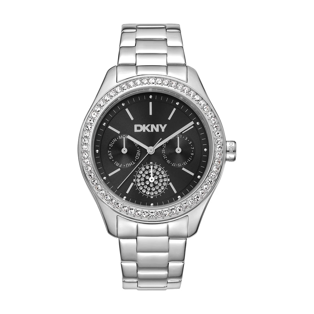 Дамски часовник DKNY Evening Multi – стоманена верижка, черен циферблат и кристален безел, часовник DKNY модел DK1L129M0045