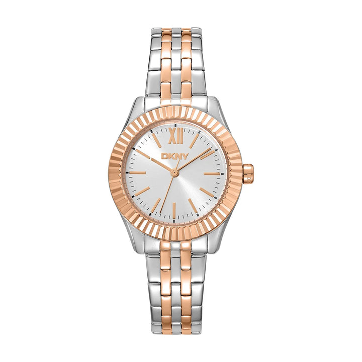 Дамски часовник DKNY Everyday, двуцветна стомана с рифелован безел и сребрист циферблат – часовник DKNY модел DK1L017M1105