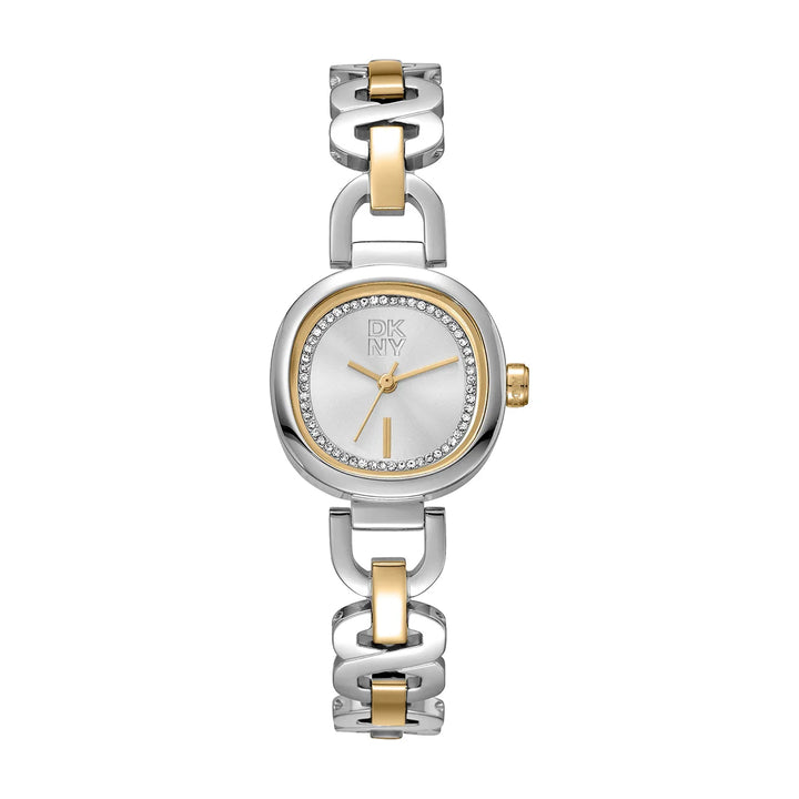 Дамски часовник DKNY Everyday Open Link, двуцветна верижка с кристали и сребрист циферблат – часовник DKNY модел DK1L139M0055