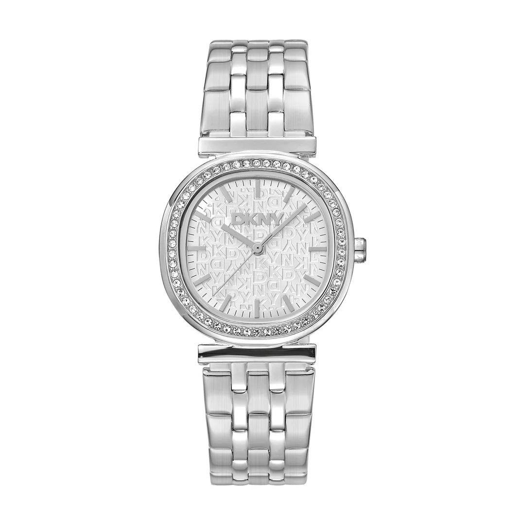 Дамски часовник DKNY, сребриста стомана с кристален безел и монограм циферблат 30 мм – часовник DKNY модел DK1L083M0045