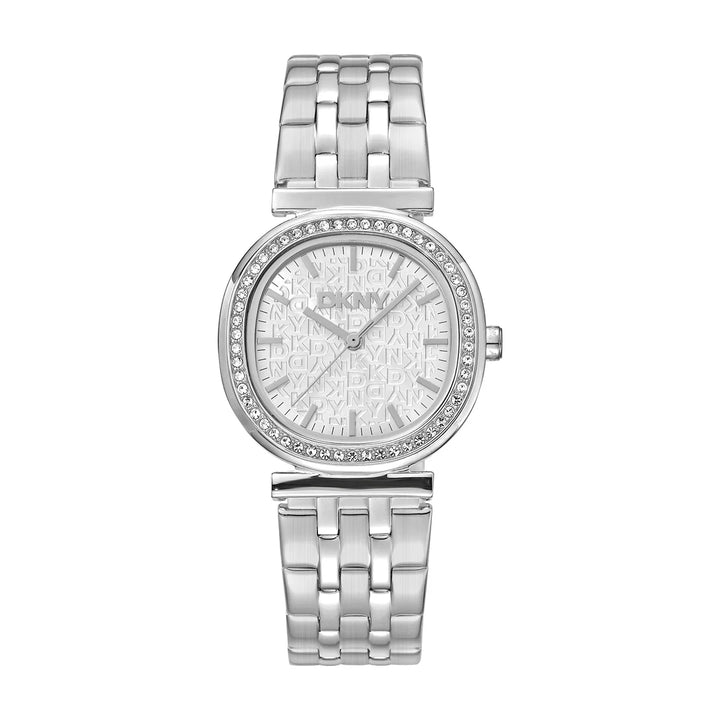 Дамски часовник DKNY, сребриста стомана с кристален безел и монограм циферблат 30 мм – часовник DKNY модел DK1L083M0045