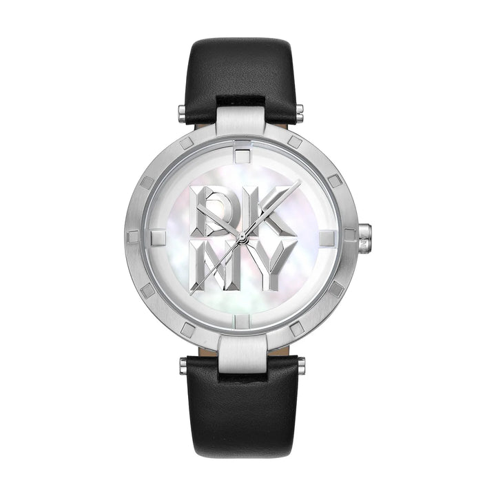 Дамски часовник DKNY Logo – бял седефен циферблат, черна кожена каишка, 38 мм; часовник DKNY модел DK1L041L0015