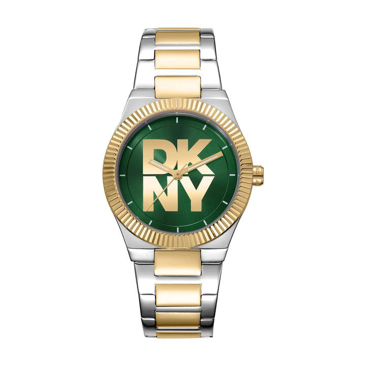 Дамски часовник DKNY Logo – двуцветна стомана, зелен циферблат и рифелован безел, модел DK1L102M0055